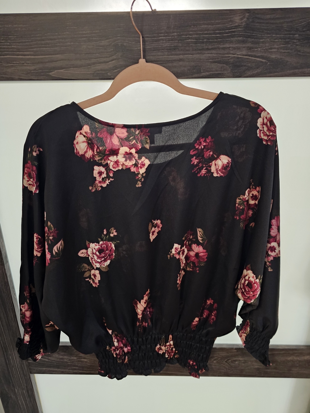 Vince Camuto Black Blouse with Pink Rose Floral Print